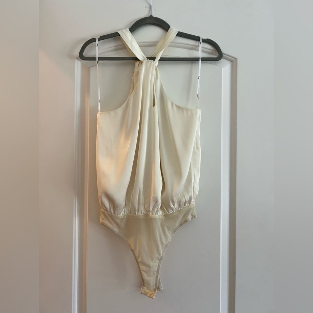 Lulus - Elegant Cream satin Halter Bodysuit - size small